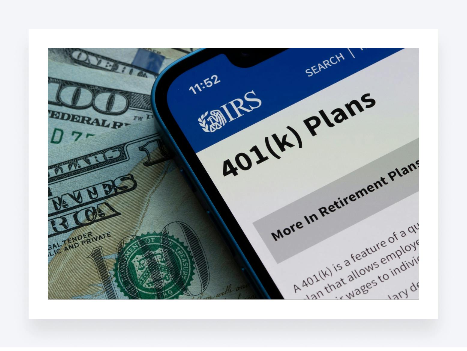 IRS website on mobile detailing 401(k) plans