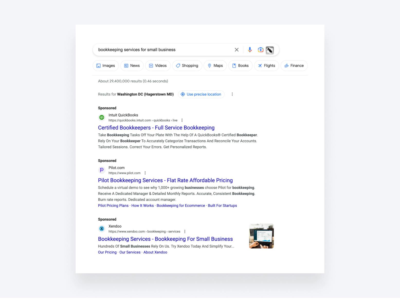 Google search ads for the "bookkeeping services for small business" keyword