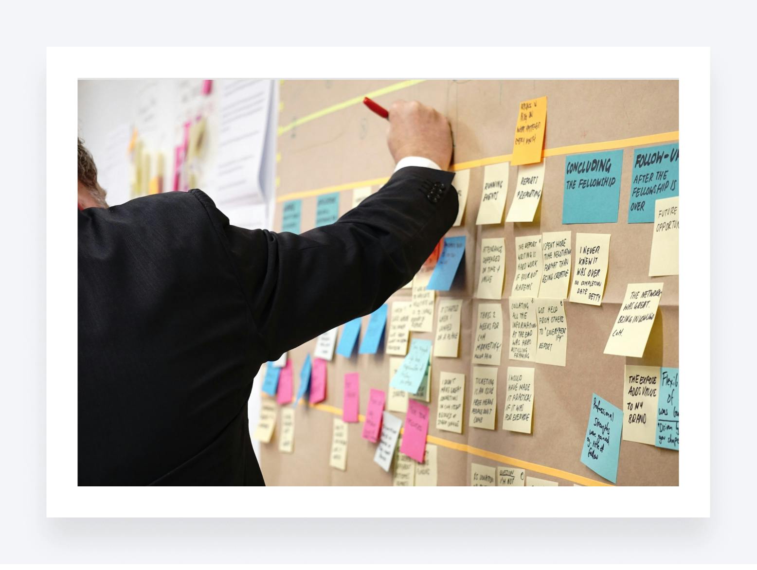 A man in a suit working with a physical Kanban board with sticky notes