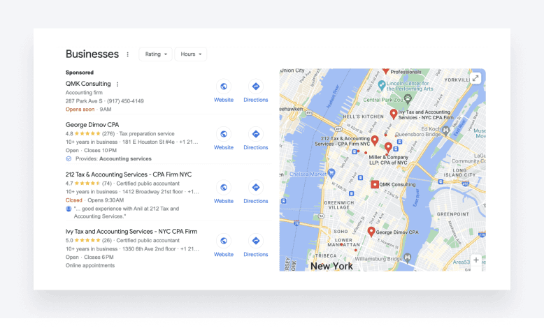 Screenshot of the 'Maps' section in Google search results displaying local accounting firms information