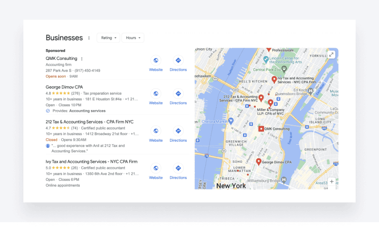 Google search results, showing businesses that have registered with Google My Business.