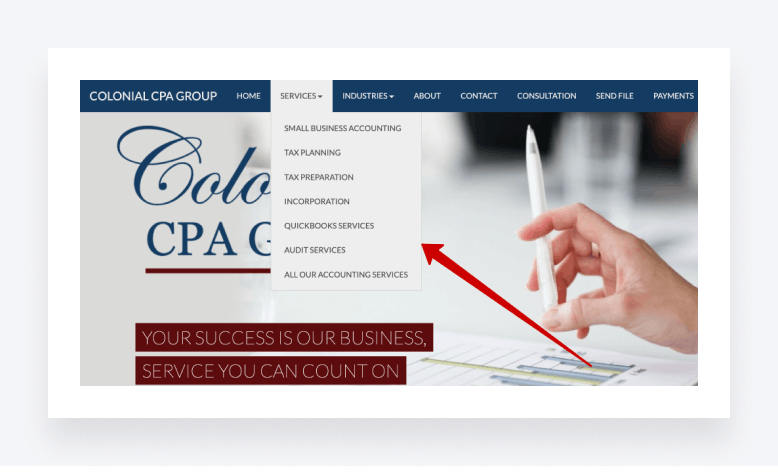 Screenshot of an accounting company website's structure showcasing service pages