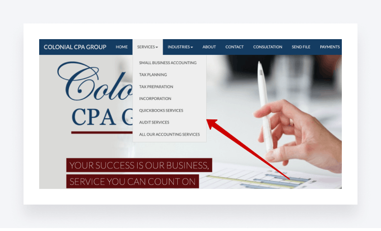 A screenshot of an accounting website, with a dropdown 'services' menu showing the site structure.