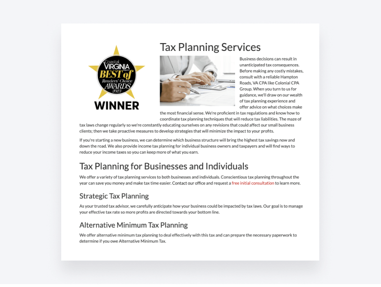 A screenshot of an accounting web page, showing how the keyword "tax planning services" is used throughout to improve SEO.