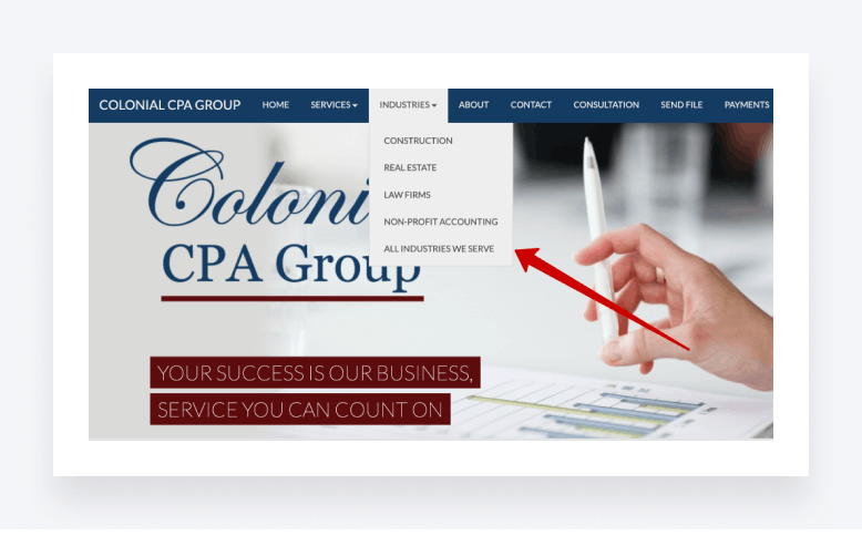 Screenshot of an accounting company website's structure showcasing industry pages