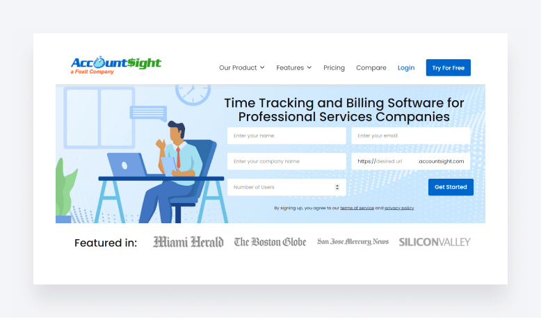 AccountSight homepage displaying accounting, billing, tracking and invoicing features.