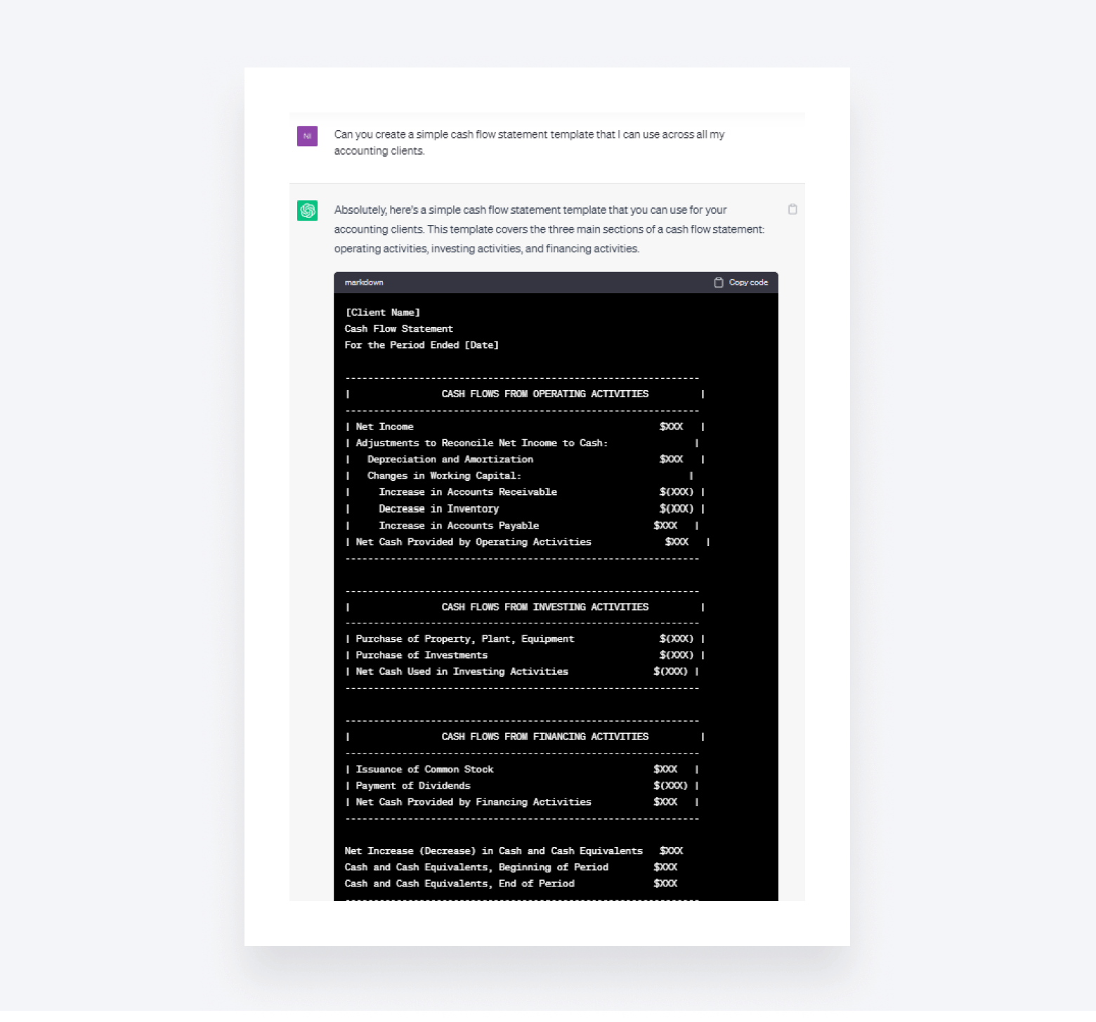 A screenshot of ChatGPT creating a cash flow statement template.