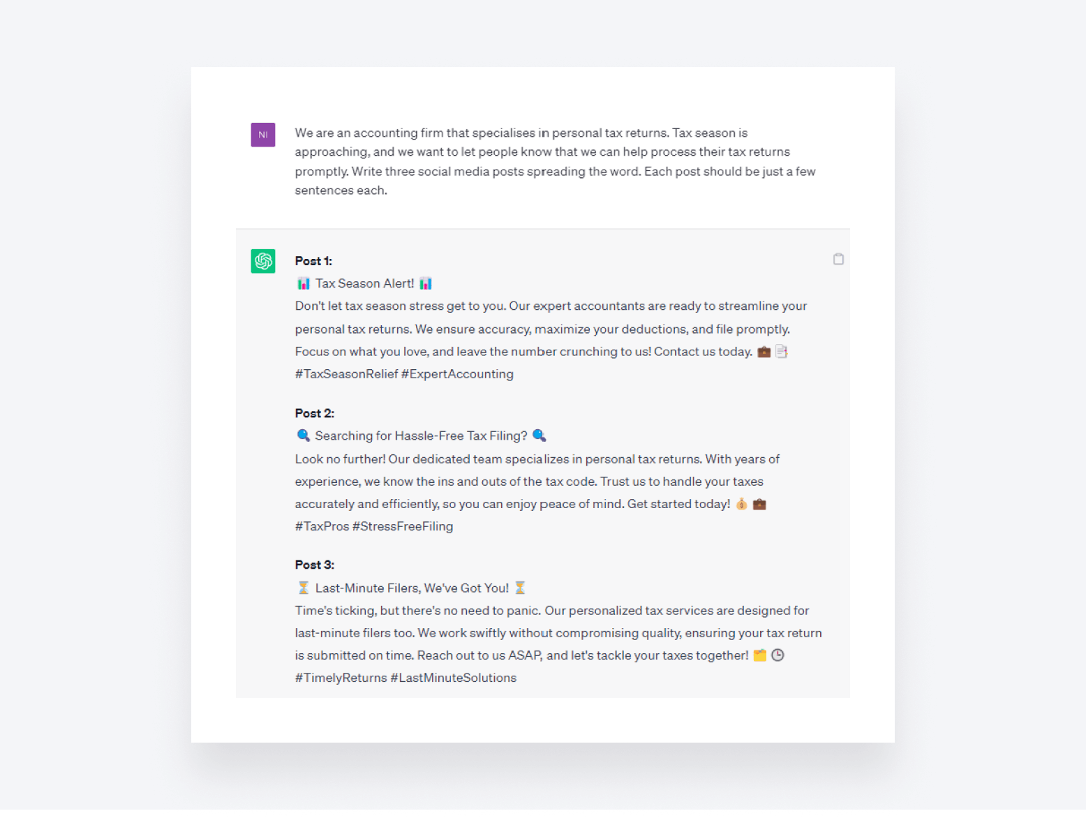 A screenshot of ChatGPT creating social media posts for an accounting firm.