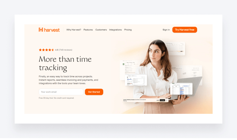 Harvest homepage overview showing top menu, timer, and project dashboard.