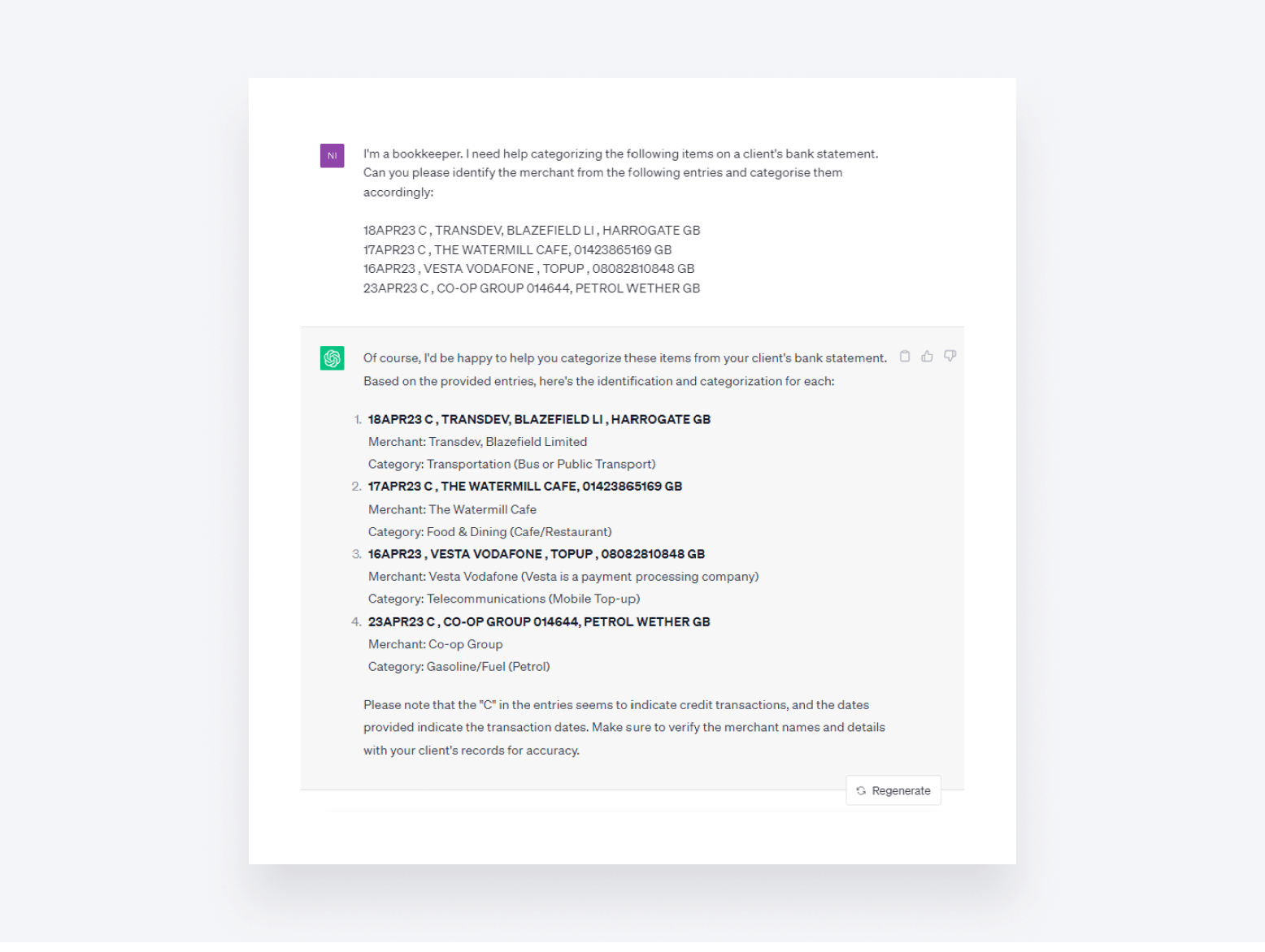 A screenshot of ChatGPT categorizing payment items for bookkeeping purposes.