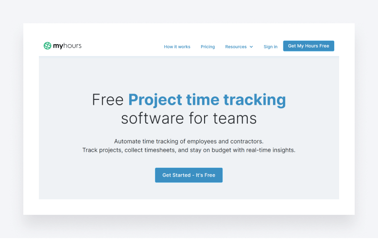 MyHours easy-to-use homepage with menu, dashboard, and timer.