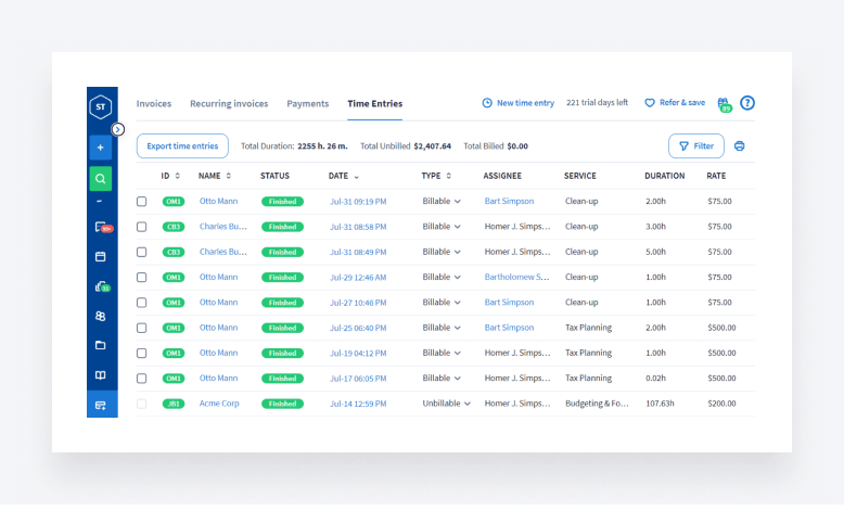 TaxDome interface showing time entries - an all-in-one integrated solution built specifically for tax, bookkeeping, CPA, and accounting firms.