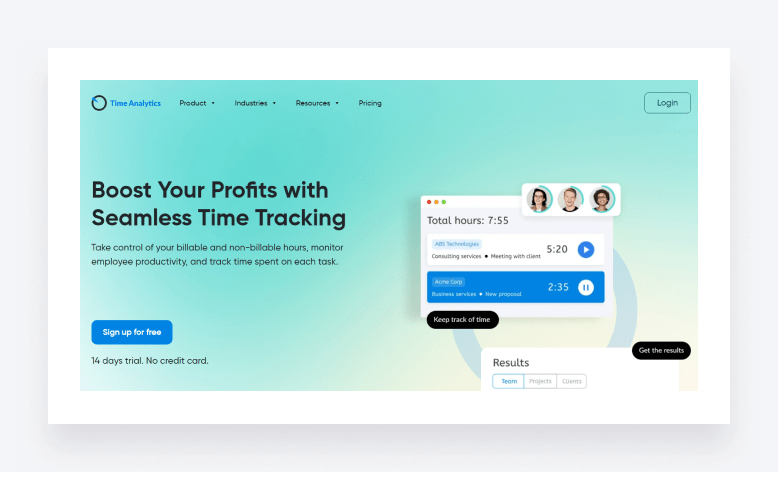 Time Analytics homepage with timeline, daily view, and integrations.