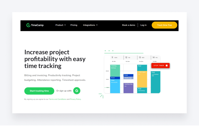 TimeCamp homepage displaying timeline, graphs, and timer.