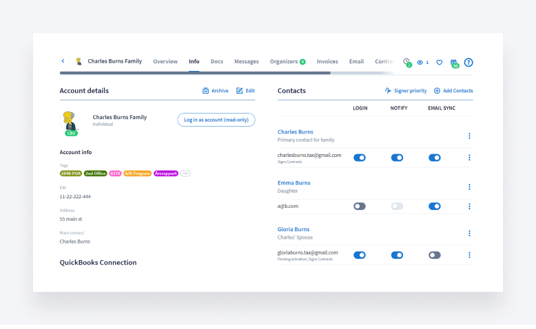 One account with multiple contacts inside TaxDome