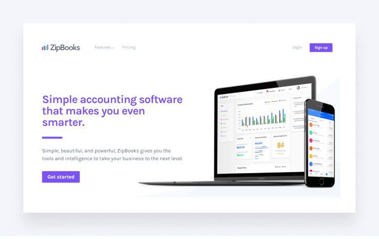 ZipBooks homepage showing accounting, invoicing, payments and reports.
