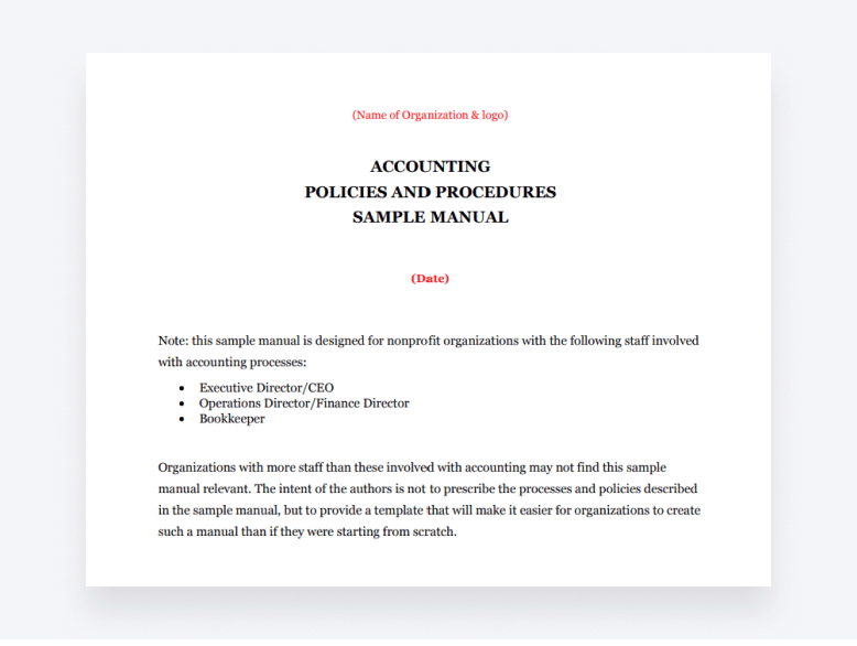 A screenshot of a free accounting policies and procedures template for nonprofit organizations.