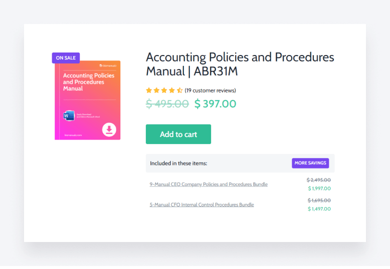 A screenshot of Bizmanualz' accounting policies and procedures manual, showing price details.