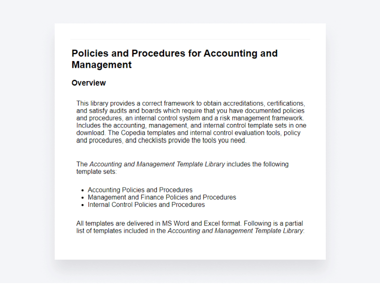 A screenshot from copedia.com showing an overview of their accounting policies and procedures template.