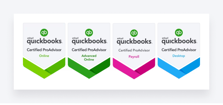 QuickBooks ProAdvisor badges.