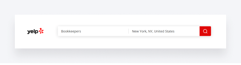 A screenshot capturing a Yelp search for bookkeepers in the New York area.