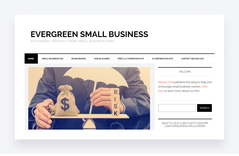Screenshot of the Evergreen Small Business blog, offering accounting advice.