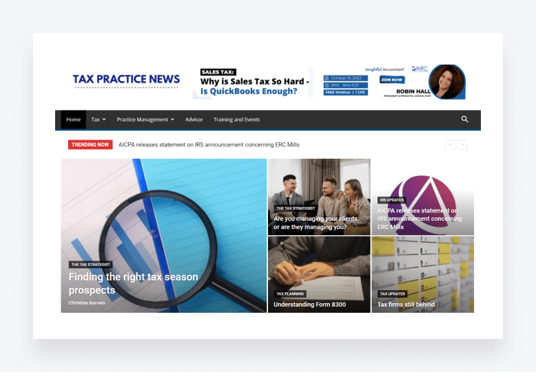 Screenshot of Tax Practice News, featuring tax-related updates.