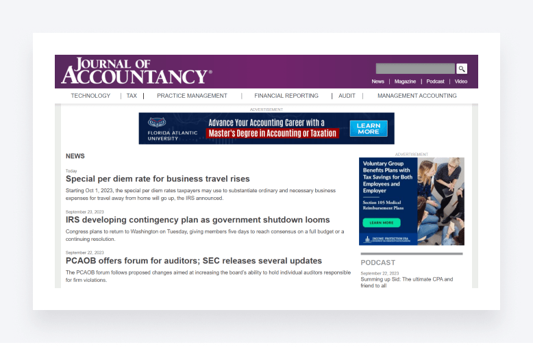 Screenshot of the Journal of Accountancy website.