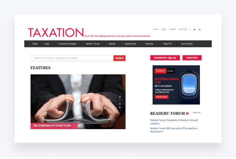 Screenshot of the Taxation website, providing tax-related articles.