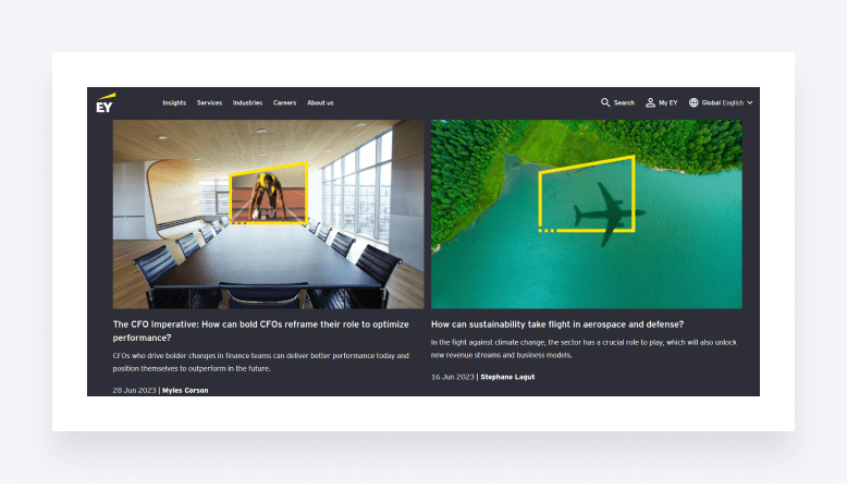 Screenshot of the Ernst & Young blog, showcasing articles on finance.