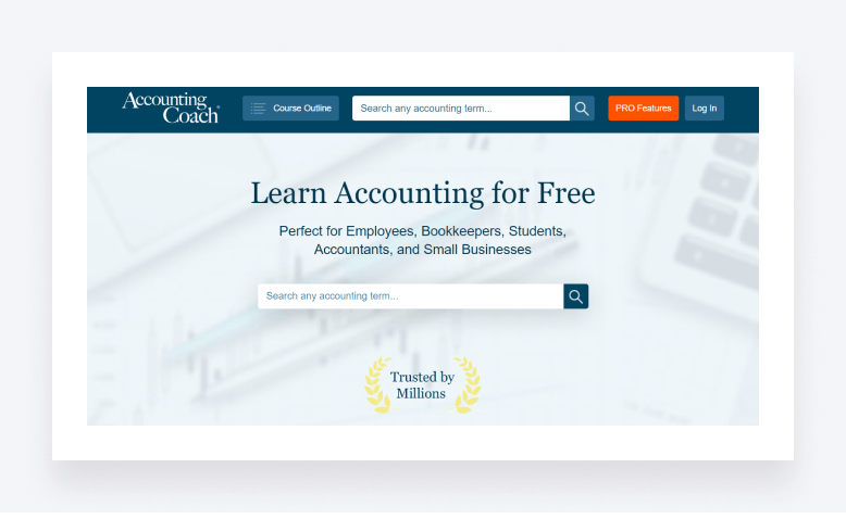 Screenshot of the Accounting Coach website, offering tutorials and courses.