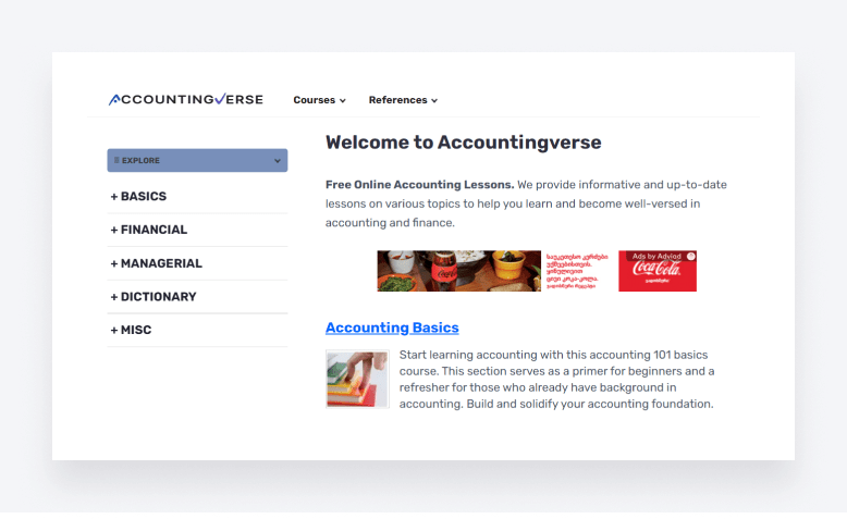 Screenshot of the Accountingverse website, featuring learning resources.