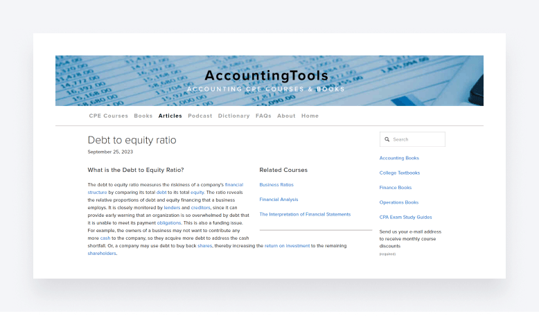 Screenshot of the AccountingTools website, providing courses.