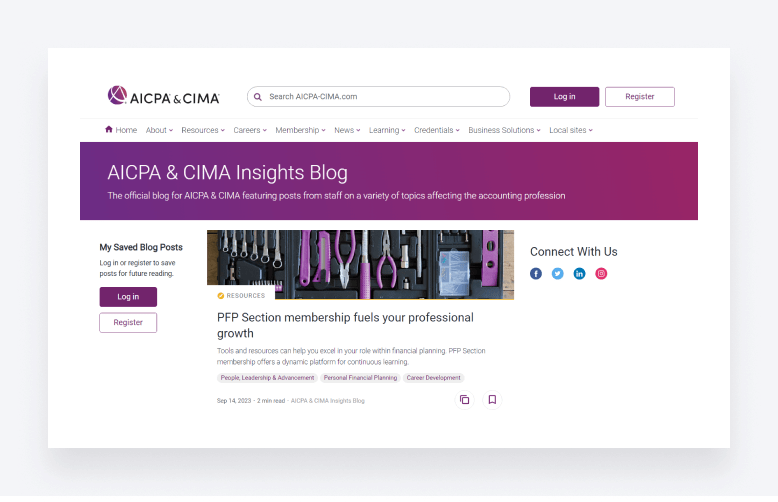 Screenshot of the AICPA website, featuring articles and resources for accountants.