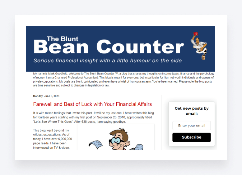 Screenshot of The Blunt Bean Counter blog.