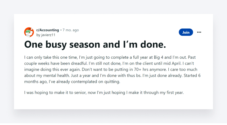 Screenshot of a post from the r/Accounting subreddit #1.