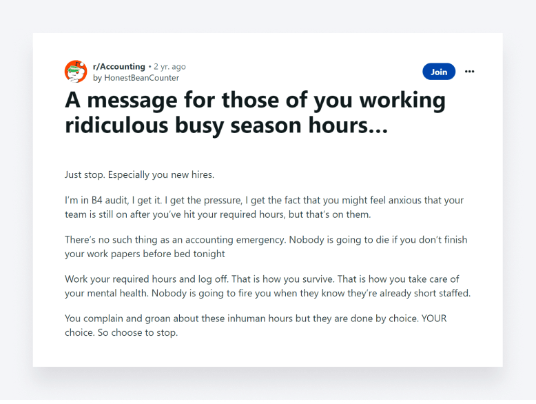 Screenshot of a post from the r/Accounting subreddit #2.