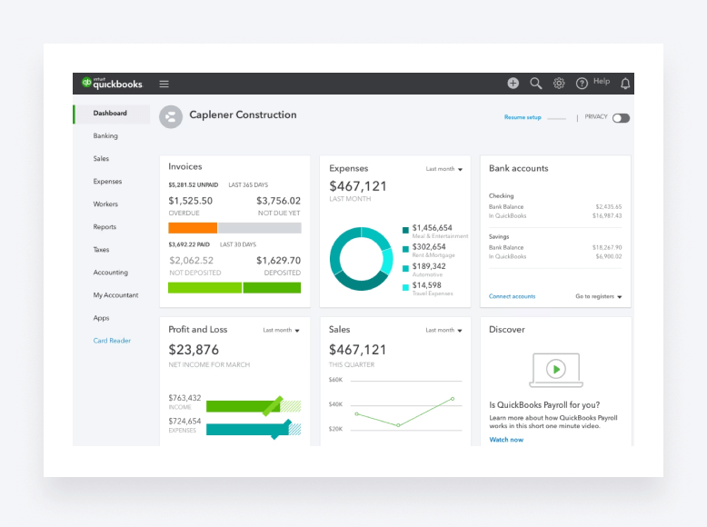 A screenshot of QuickBooks Online's dashboard.