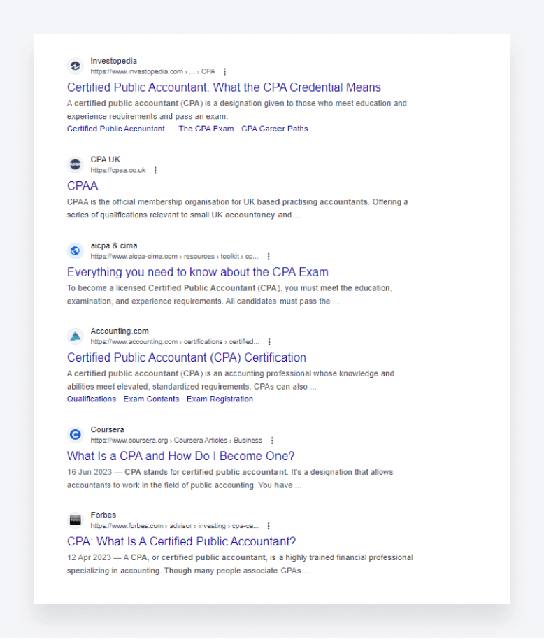 Top Google results for the keyword "certified public accountant"