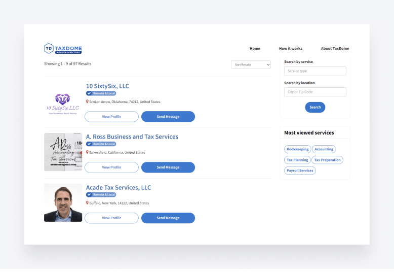 Business listings in TaxDome Advisor.