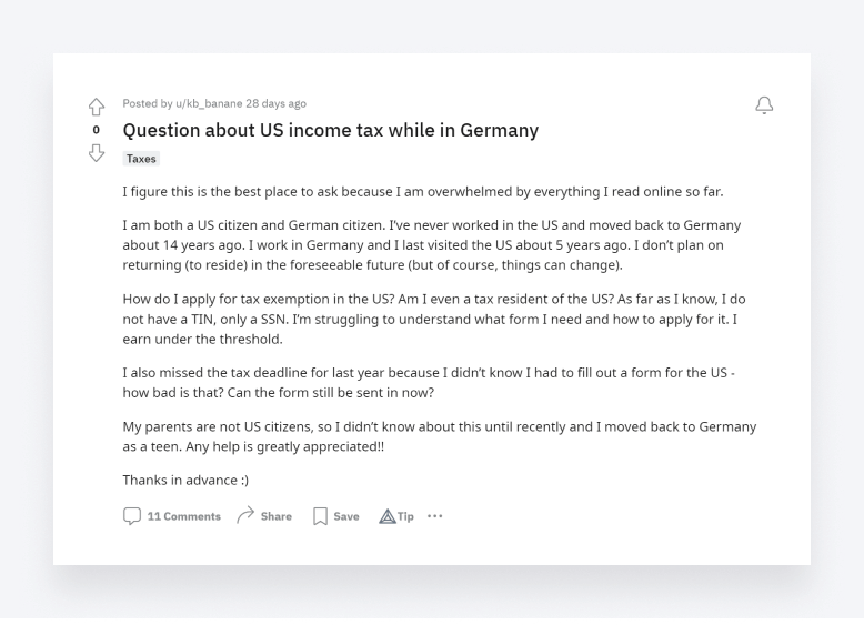 A tax-related question from the r/expats subreddit. 