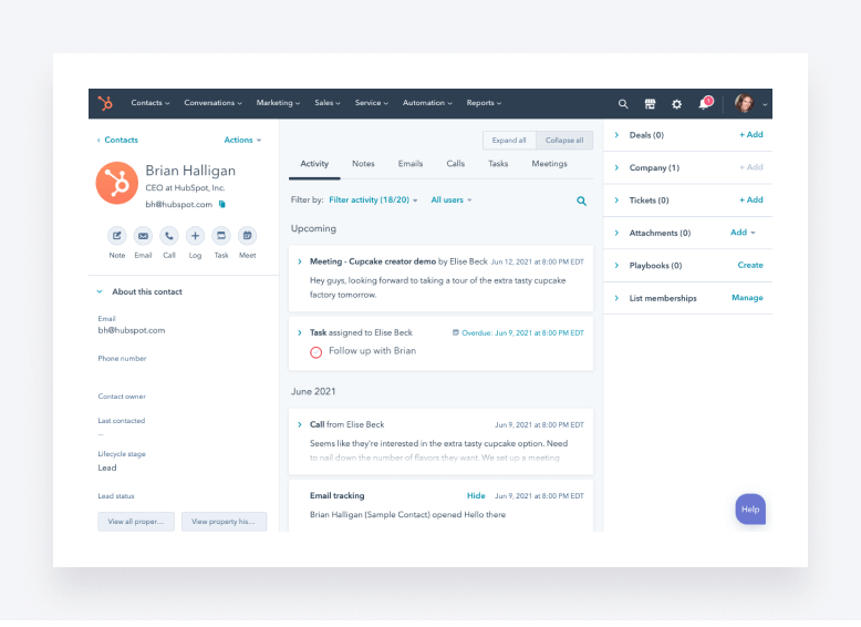 A screenshot of HubSpot's free CRM tool.