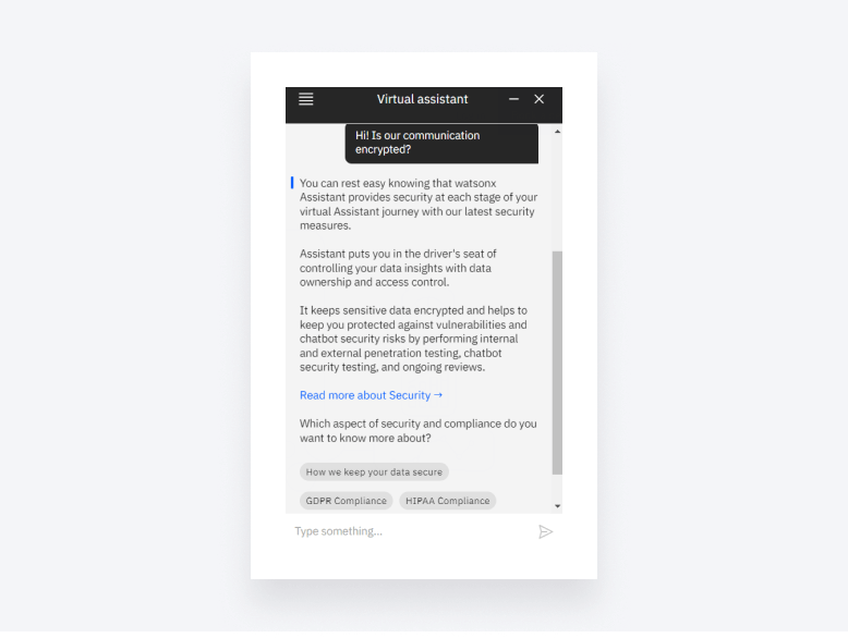 A screenshot of a chatbot virtual assistant answering the question about encrypted communication