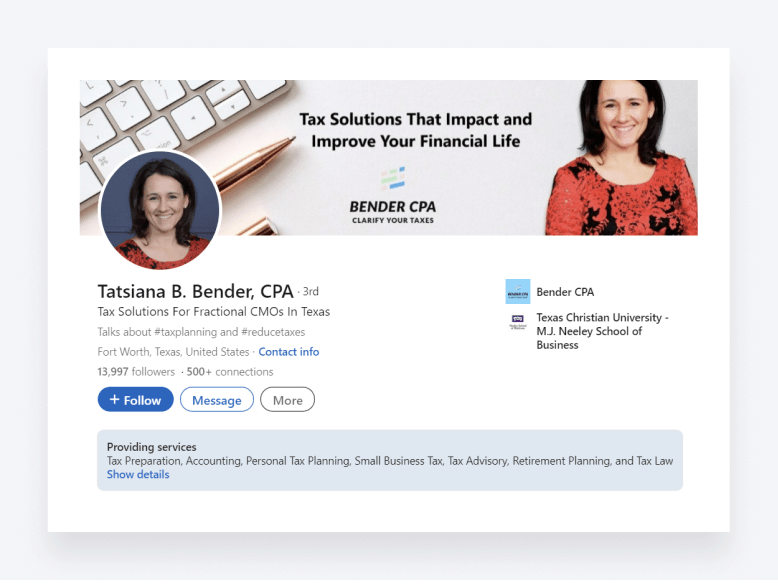 Tatsiana Bender's CPA LinkedIn profile