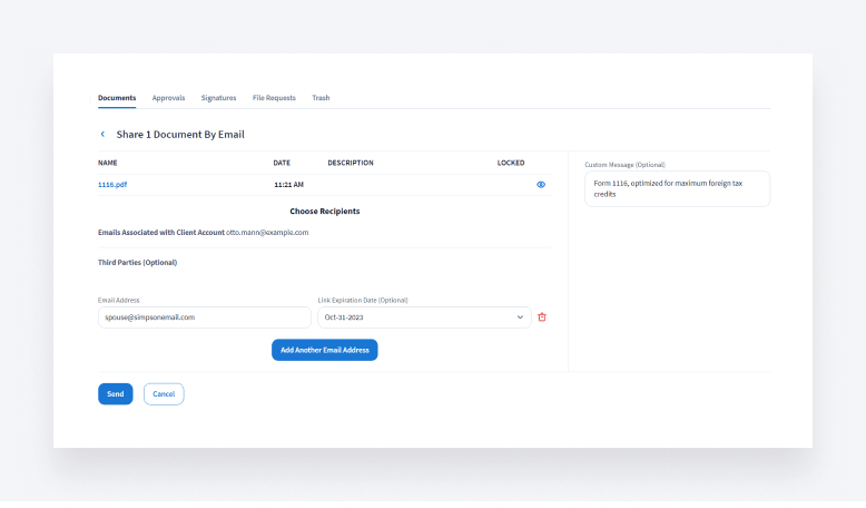 A screenshot demonstrating the secure file-sharing feature in TaxDome