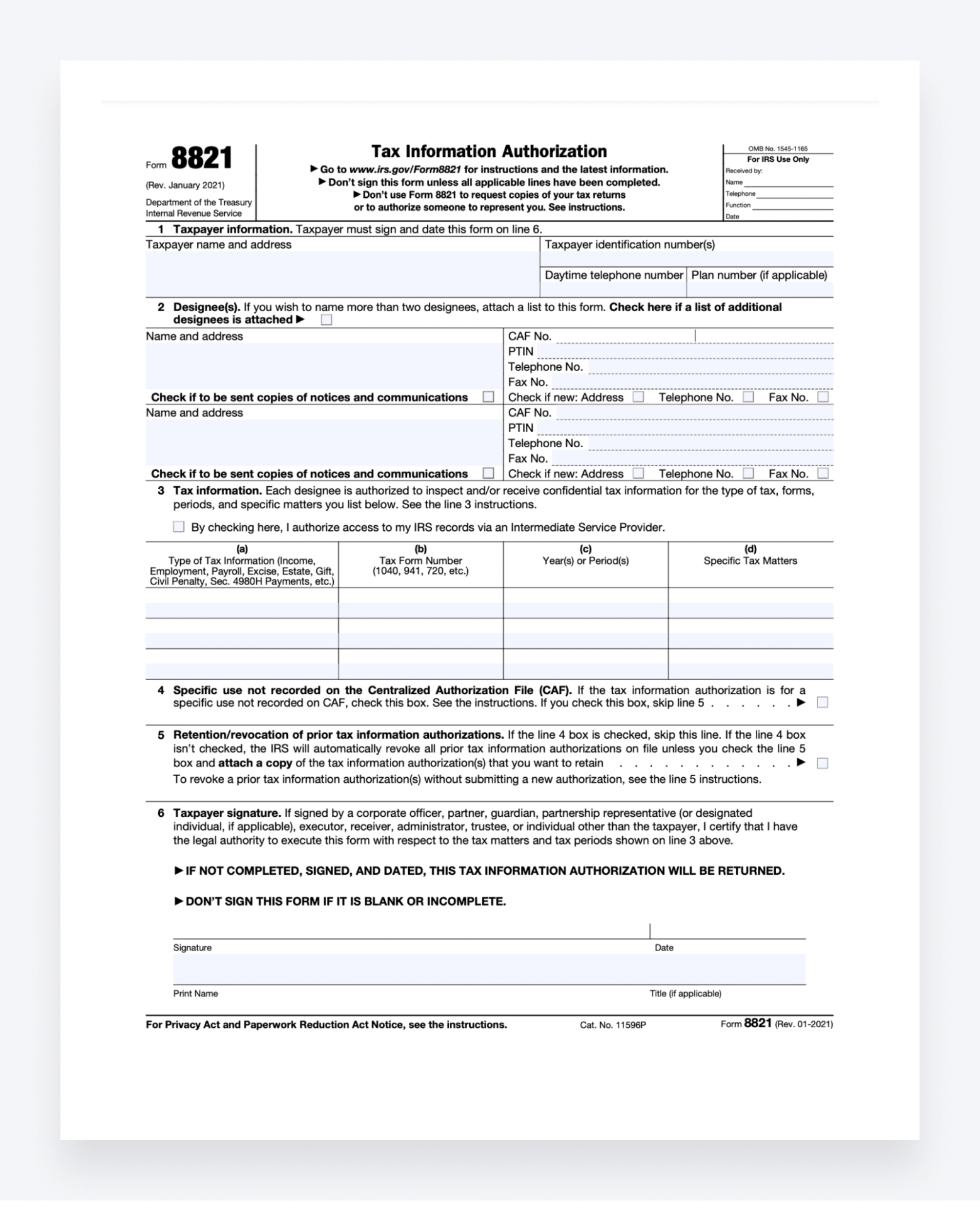 A screenshot of IRS Form 8821.