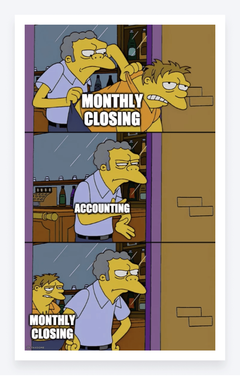 Barney from The Simpsons, captioned with “monthly closing,” reappears after Moe has thrown him out.