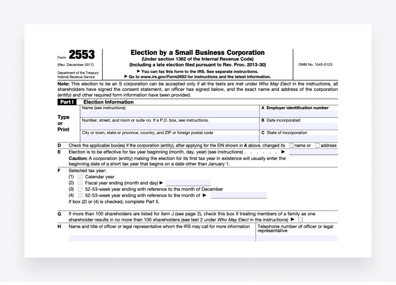 Form 2553 Part I: Election Information, displaying items A to H.