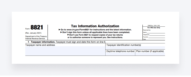 A screenshot of section one of IRS Form 8821.