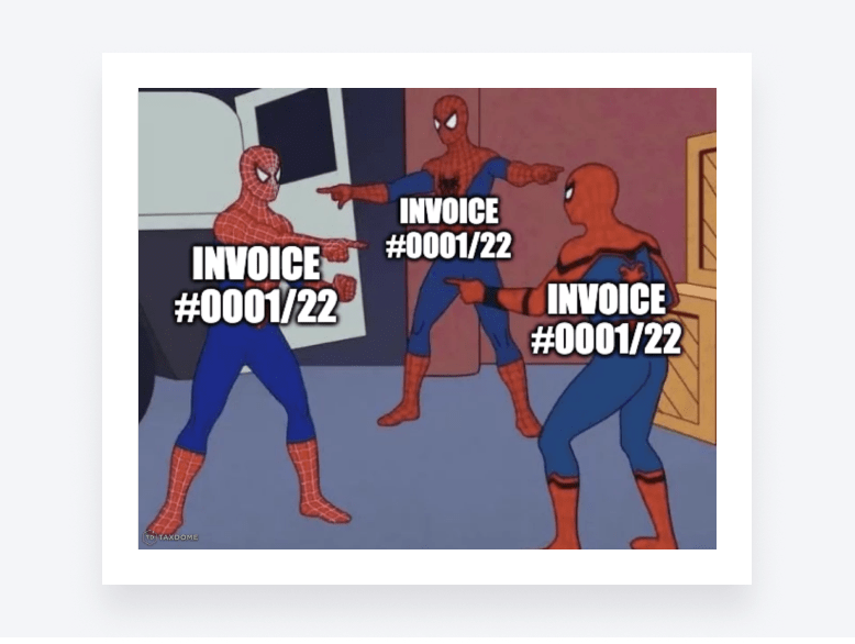 Three Spidermen pointing at each other, each captioned with the same invoice number.